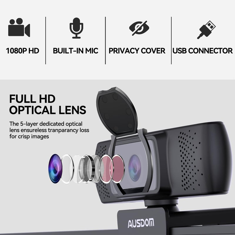 AUSDOM AF640 1080P Webcam with Microphone, 90Â°FOV USB PC Camera Webcam with Privacy Cover, Plug and Play Computer Camera for Online Calling/Conferencing, Zoom/Skype/YouTube, Laptop/PC - Image 4